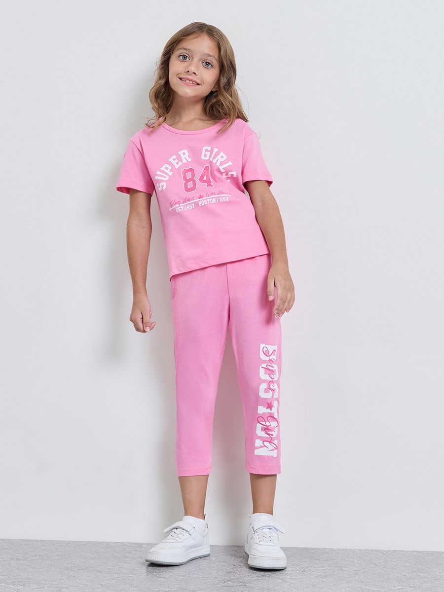 Girls Pink Cotton Graphic T-Shirt and Joggers Set