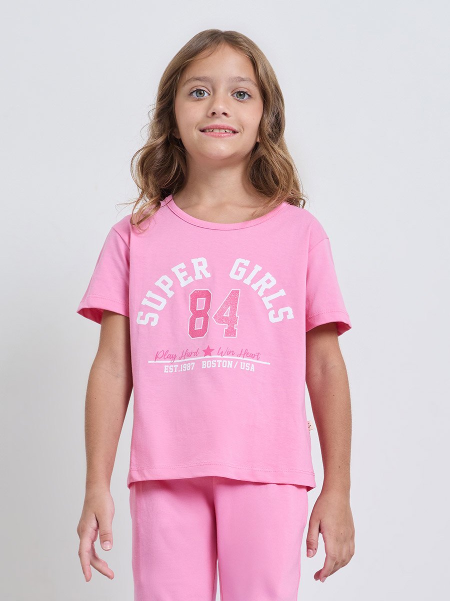Girls Pink Cotton Graphic T-Shirt and Joggers Set