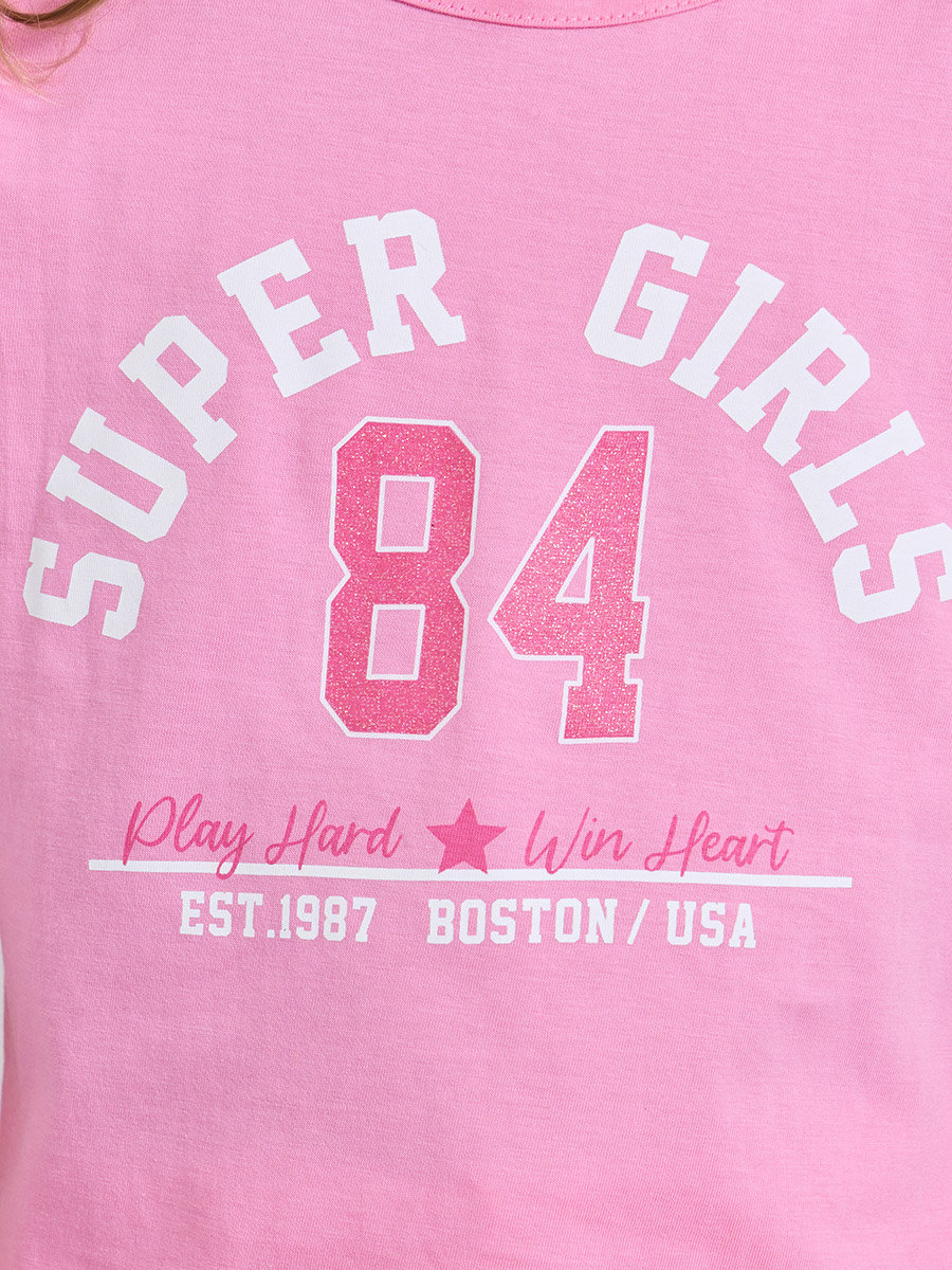 Girls Pink Cotton Graphic T-Shirt and Joggers Set