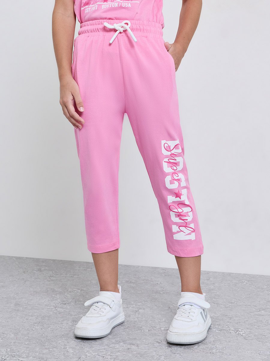 Girls Pink Cotton Graphic T-Shirt and Joggers Set
