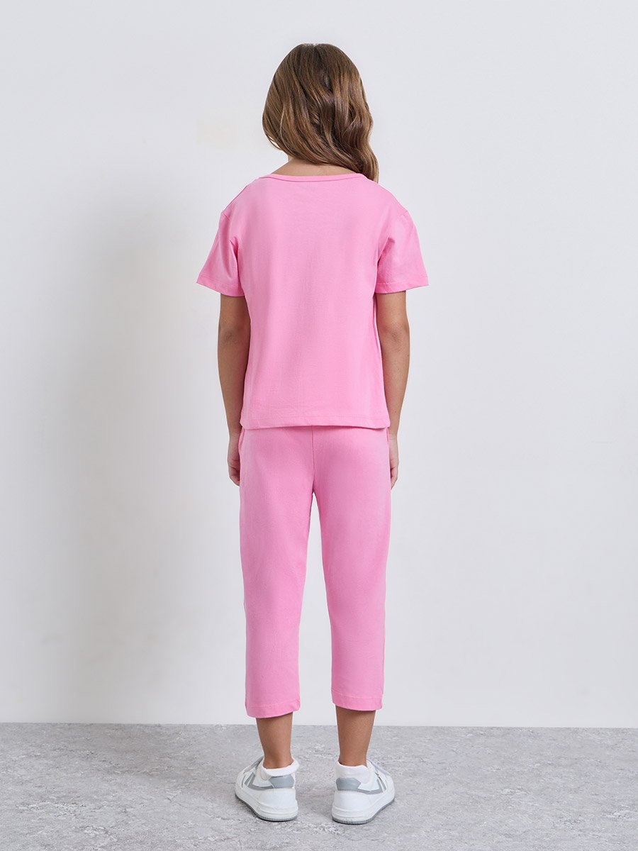Girls Pink Cotton Graphic T-Shirt and Joggers Set