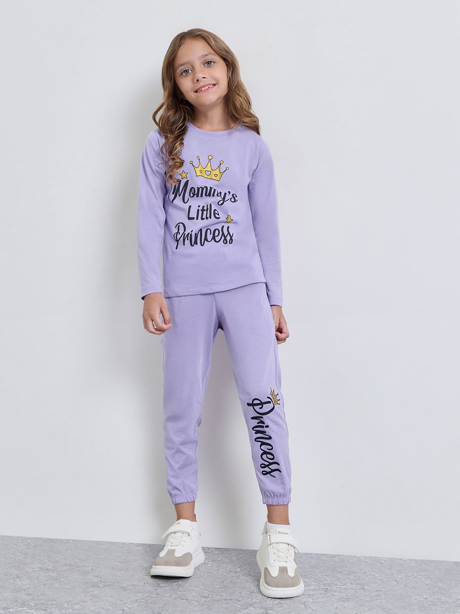 Girls Lilac Cotton Princess Graphic Sweatshirt and Joggers Set