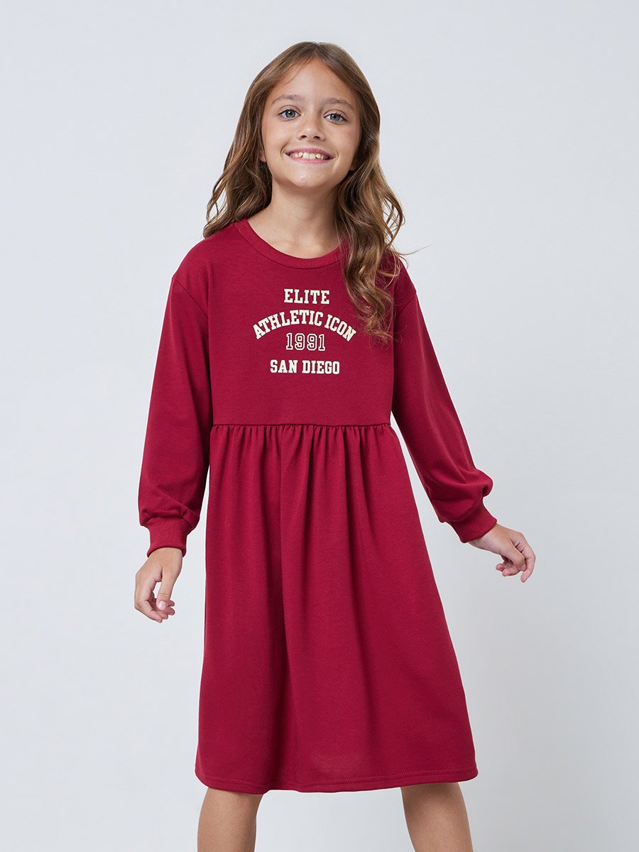 Girls Text Print Drop Shoulder Dress