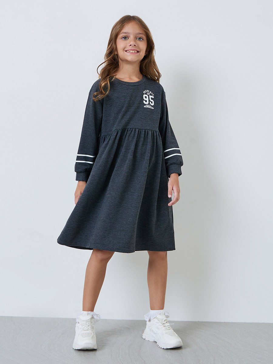 Girls Charcoal Drop Shoulder Long Sleeve Dress