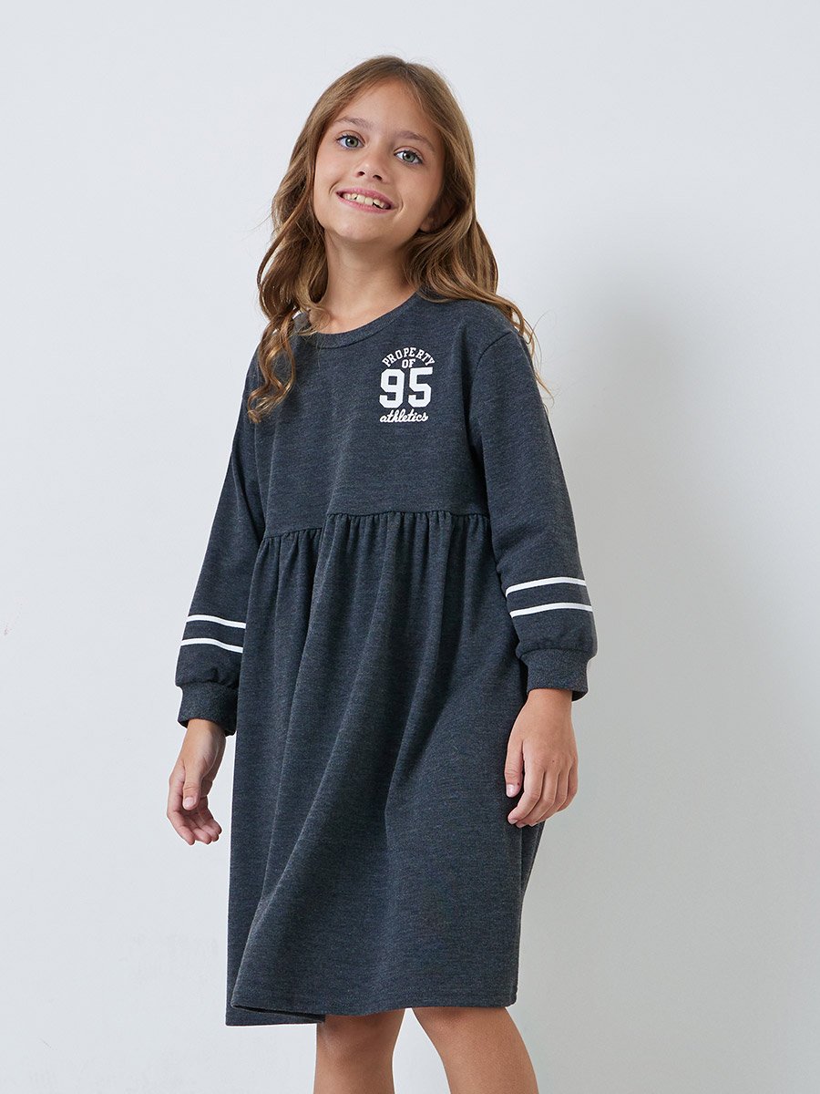 Girls Charcoal Drop Shoulder Long Sleeve Dress