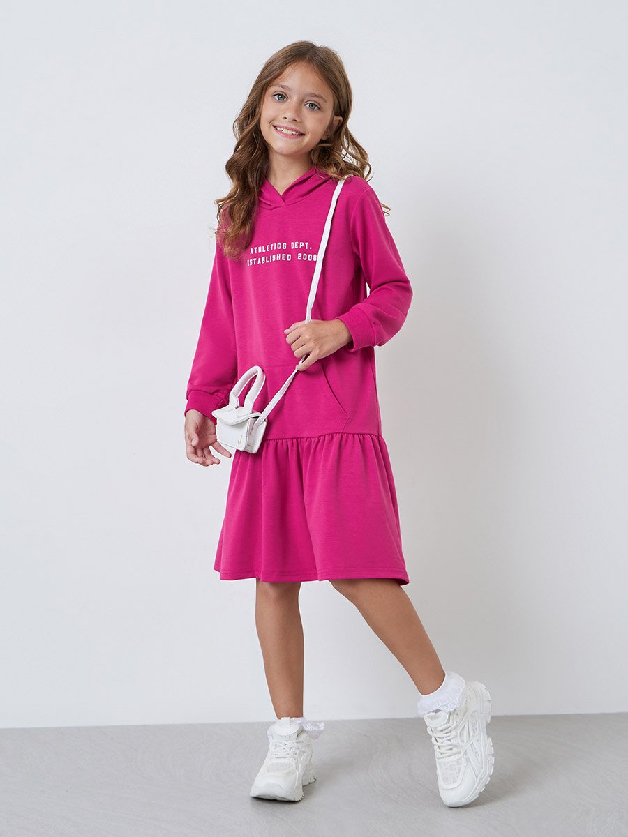 Girls Pink Text Print Hooded Dress