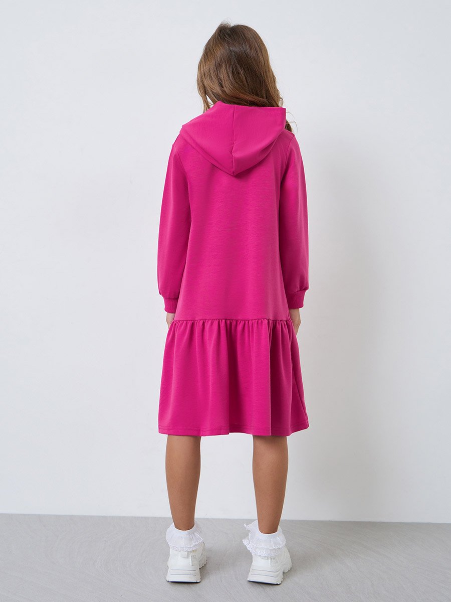 Girls Pink Text Print Hooded Dress