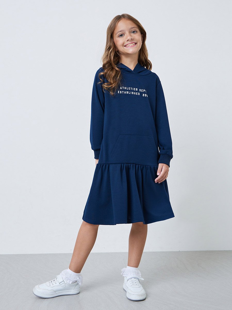 Girls Navy Blue Text Print Hooded Dress