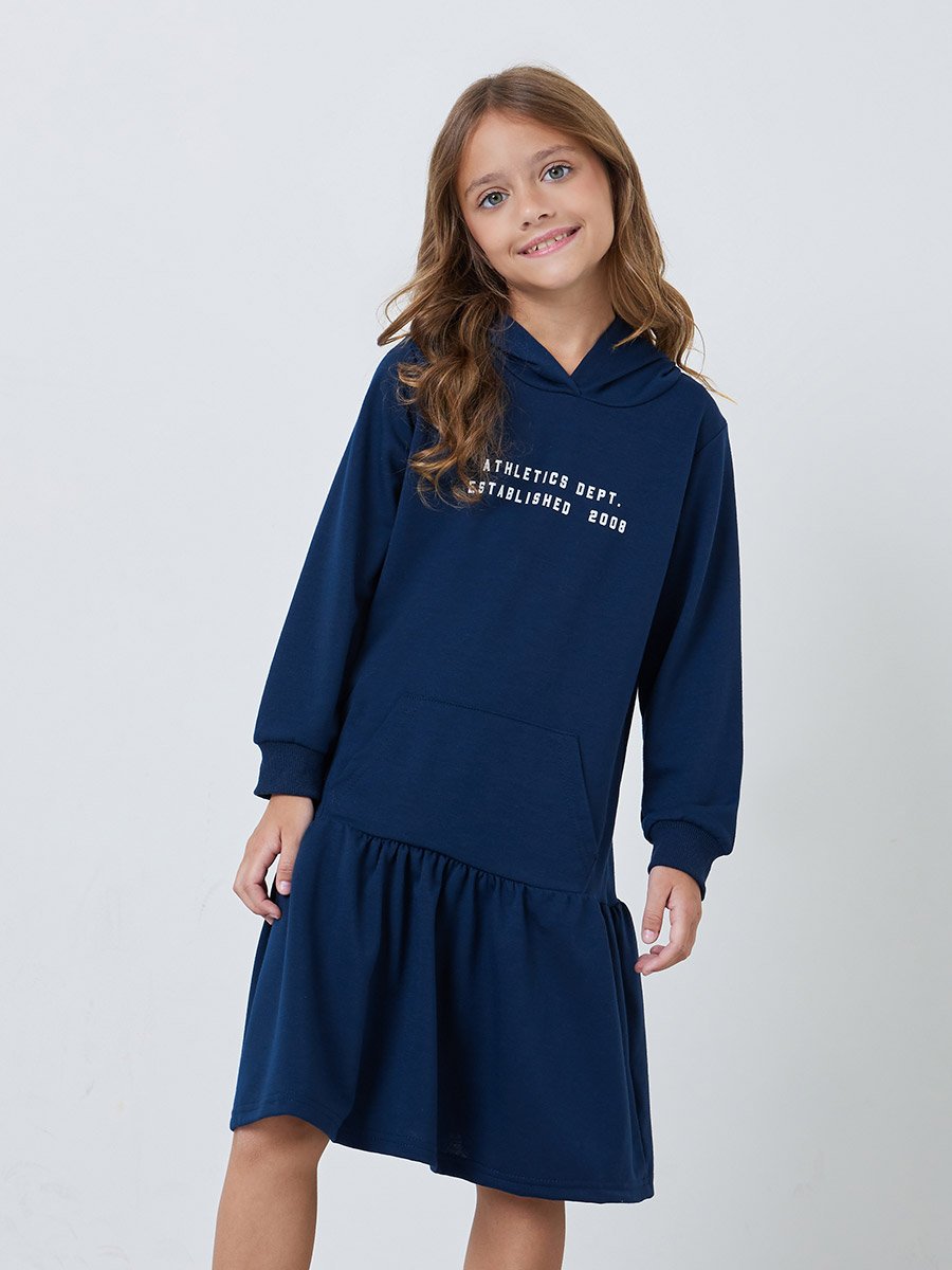 Girls Navy Blue Text Print Hooded Dress