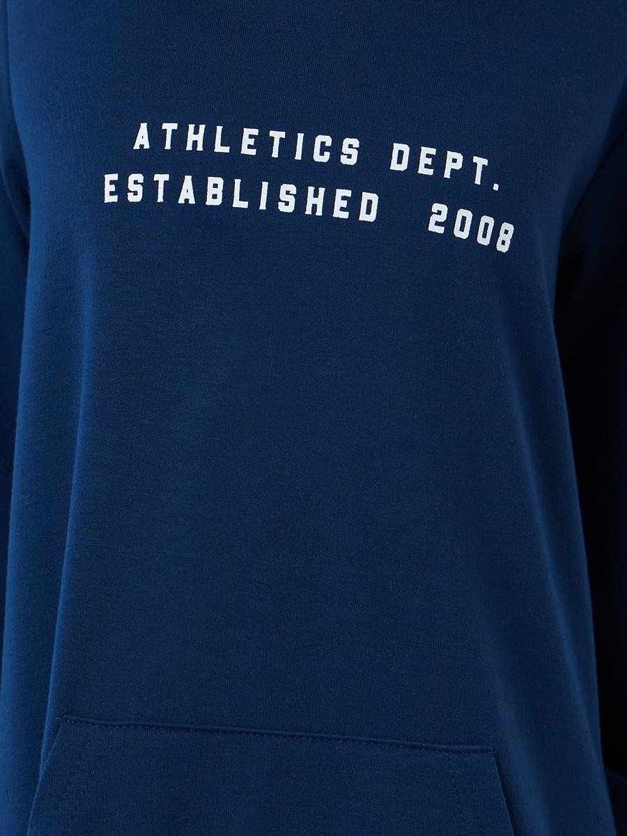 Girls Navy Blue Text Print Hooded Dress