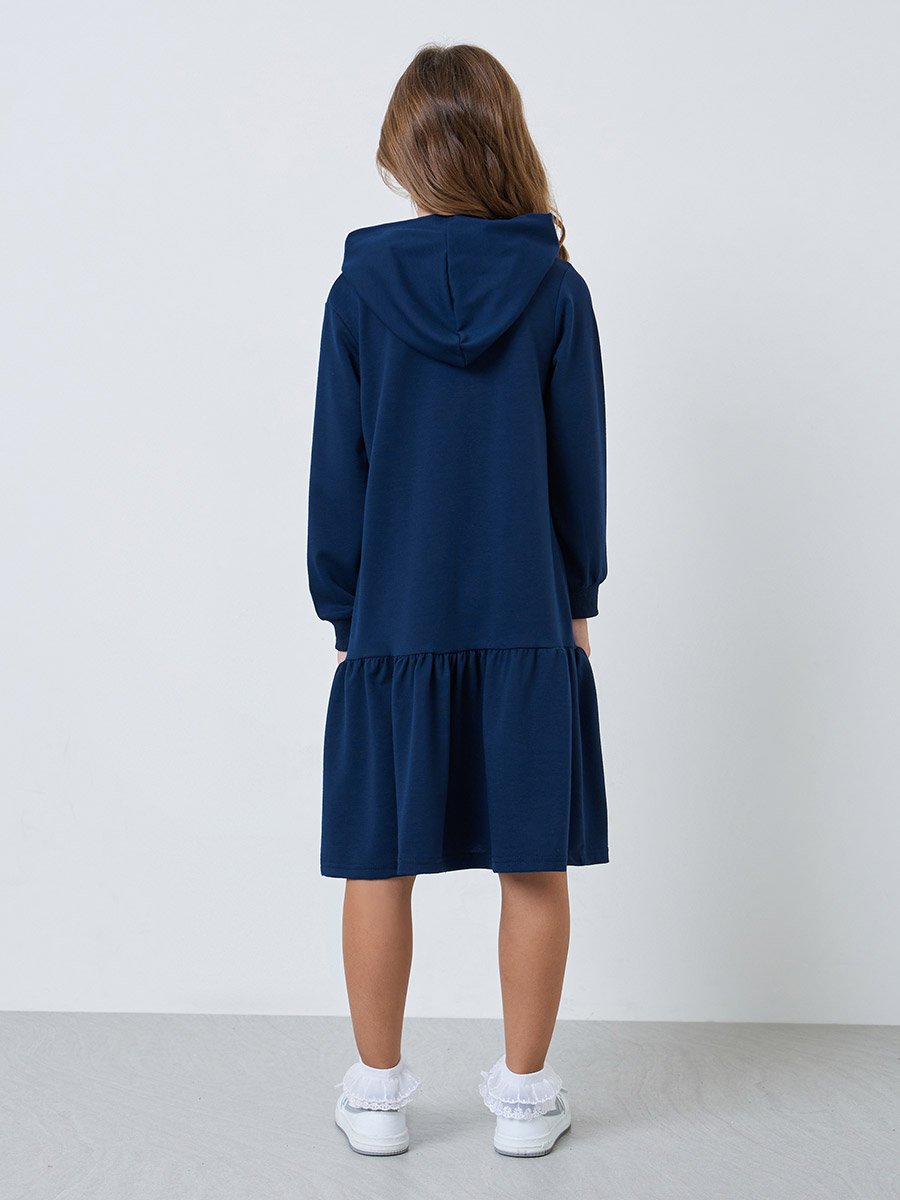 Girls Navy Blue Text Print Hooded Dress
