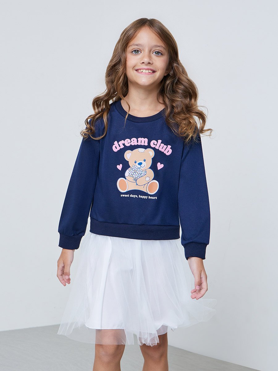 Girls Teddy Bear Print A-Line Mesh Insert Dress