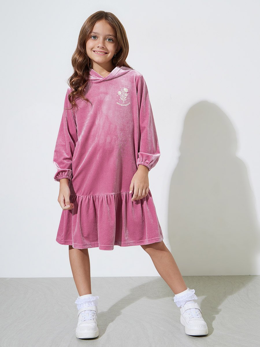 Girls Pink Embroidered Ruffle Details Hooded Midi Dress