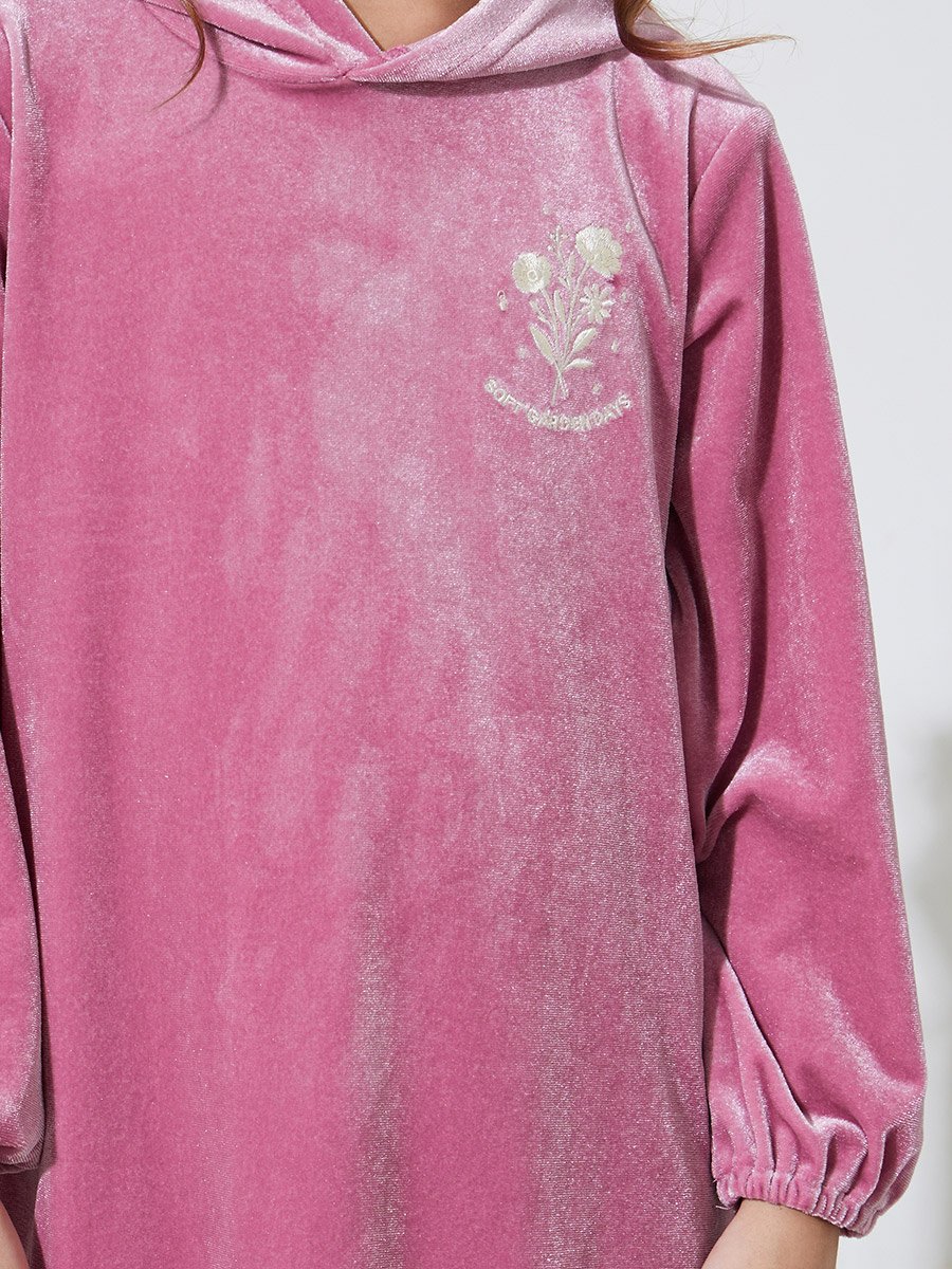 Girls Pink Embroidered Ruffle Details Hooded Midi Dress