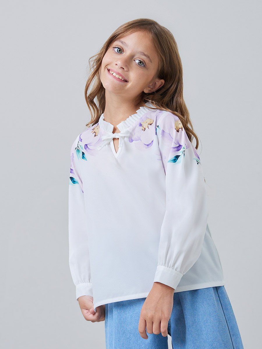 Girls Floral Print Blouse with Tie-Neck Detail
