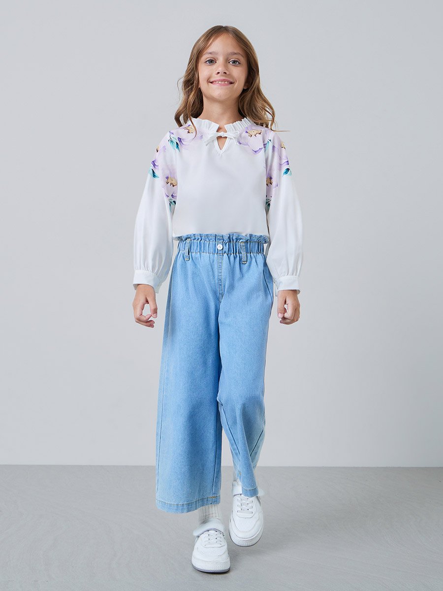 Girls Floral Print Blouse with Tie-Neck Detail