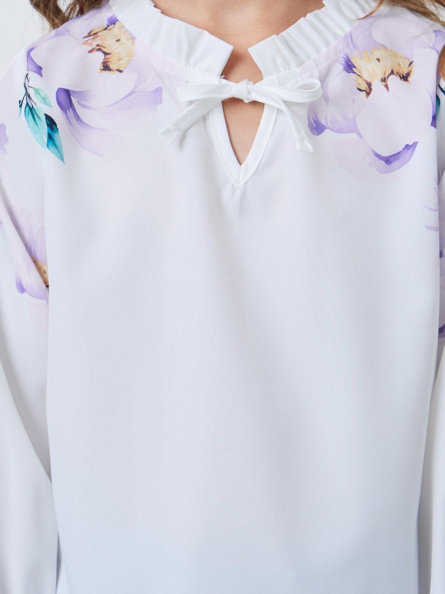 Girls Floral Print Blouse with Tie-Neck Detail