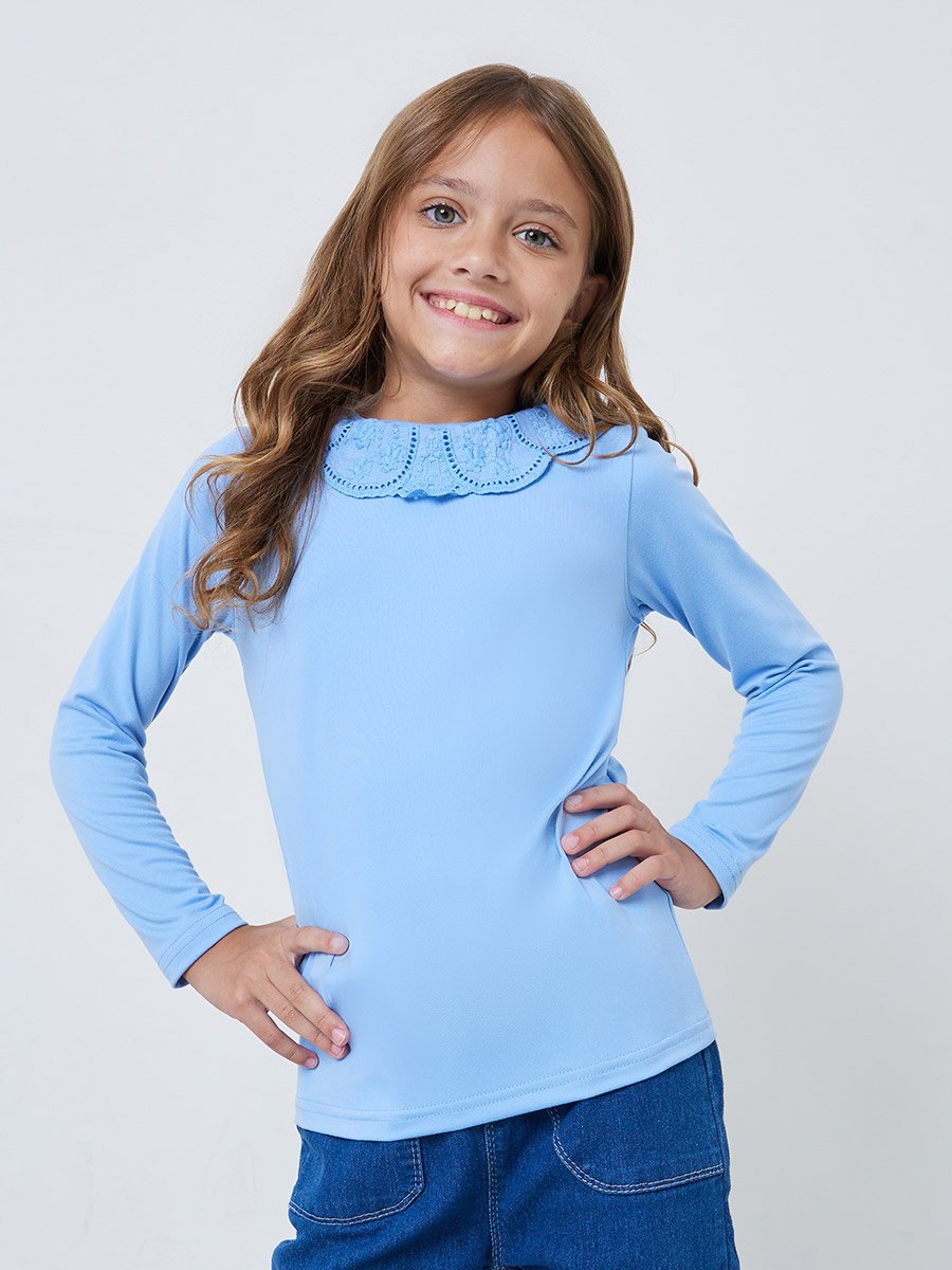 Girls Blue Long Sleeve Top with Embroidered Detail