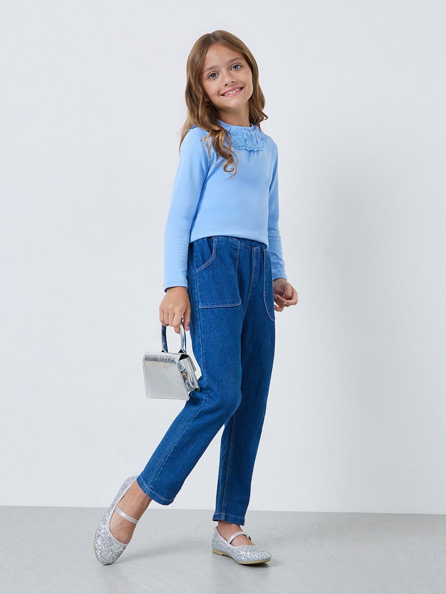 Girls Blue Long Sleeve Top with Embroidered Detail