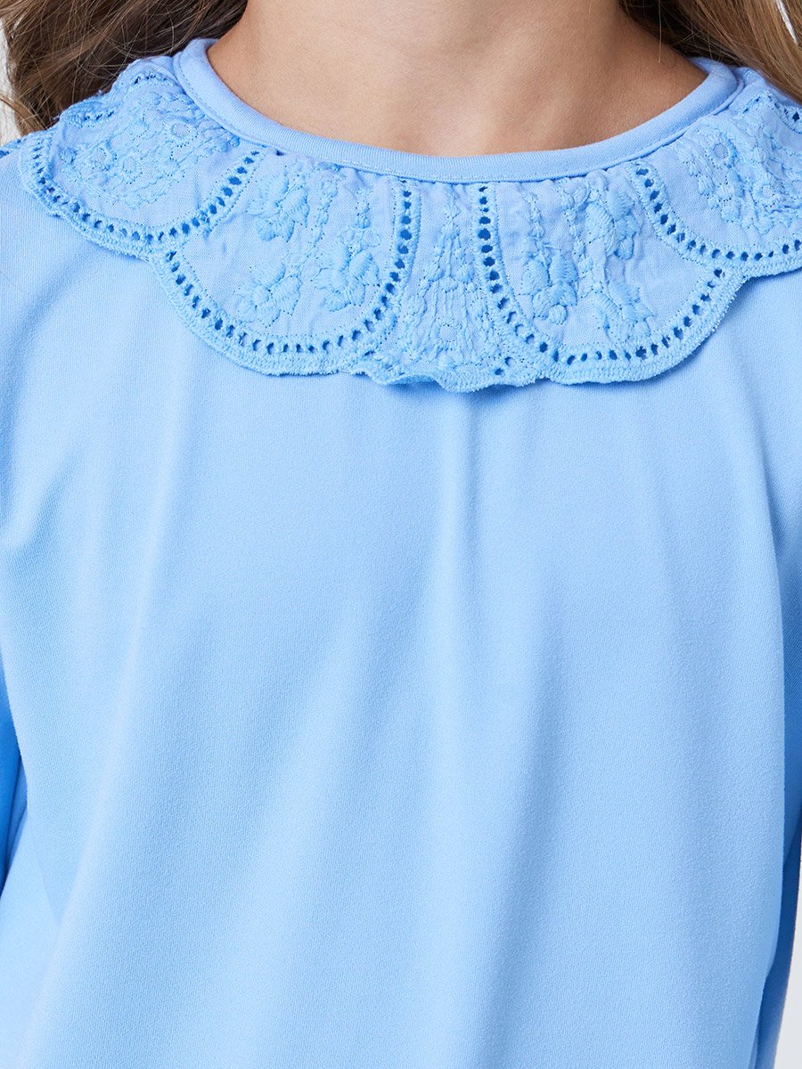 Girls Blue Long Sleeve Top with Embroidered Detail