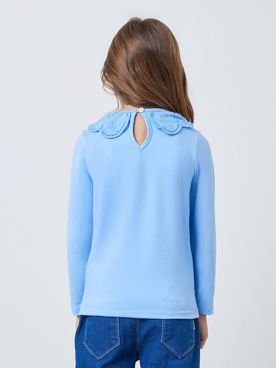 Girls Blue Long Sleeve Top with Embroidered Detail