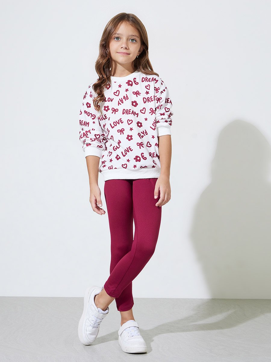 Girls White All Over Print Sweatshirt and Burgundy Solid Leggings Set