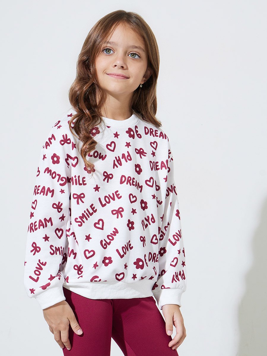 Girls White All Over Print Sweatshirt and Burgundy Solid Leggings Set