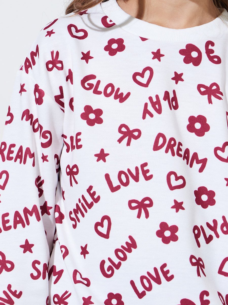 Girls White All Over Print Sweatshirt and Burgundy Solid Leggings Set