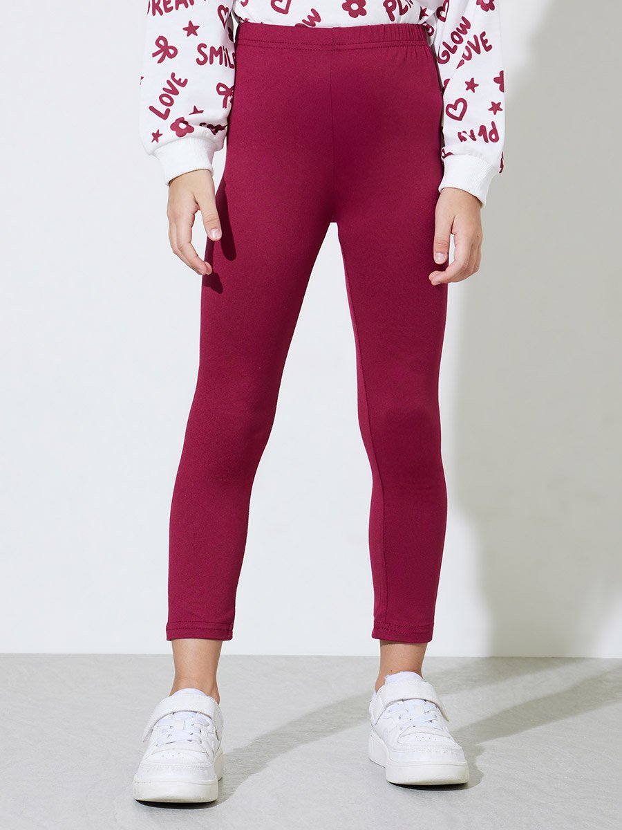 Girls White All Over Print Sweatshirt and Burgundy Solid Leggings Set
