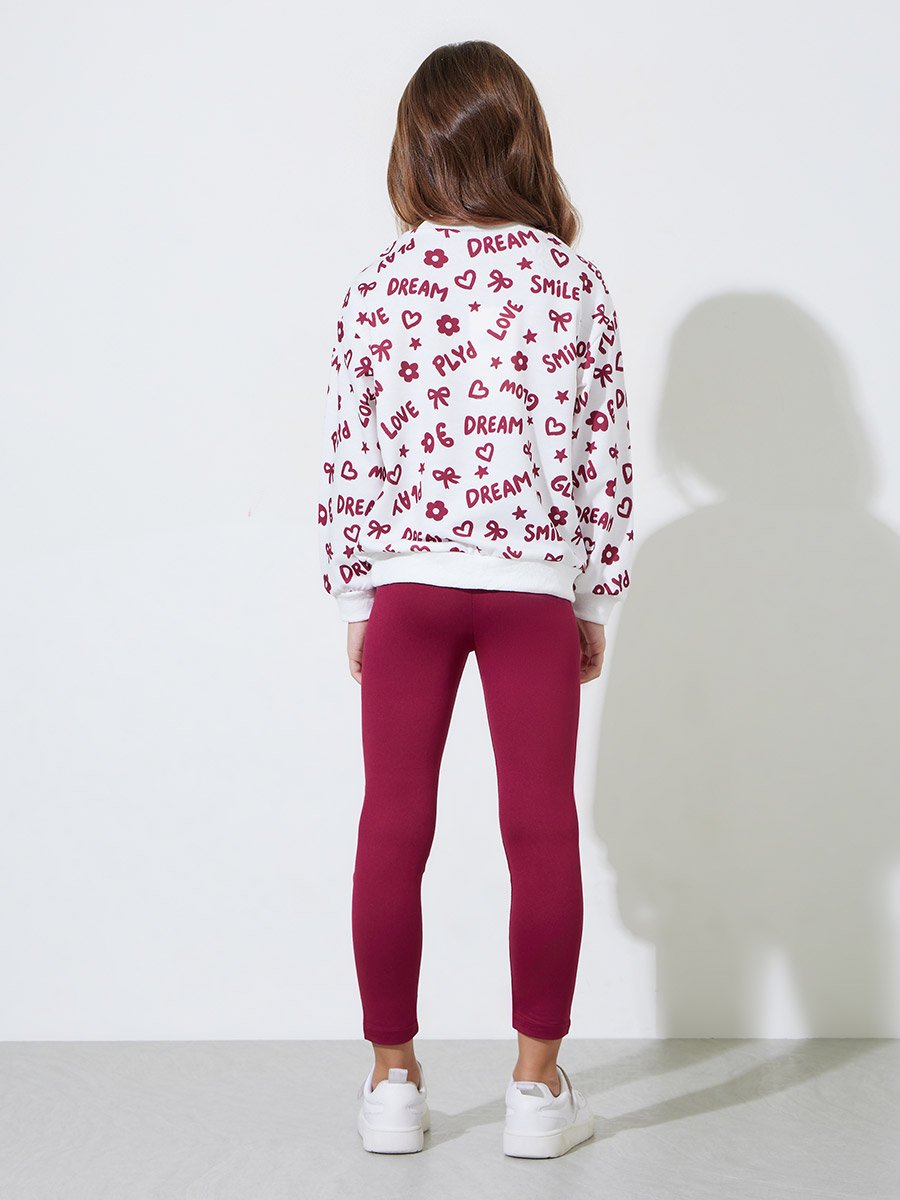 Girls White All Over Print Sweatshirt and Burgundy Solid Leggings Set