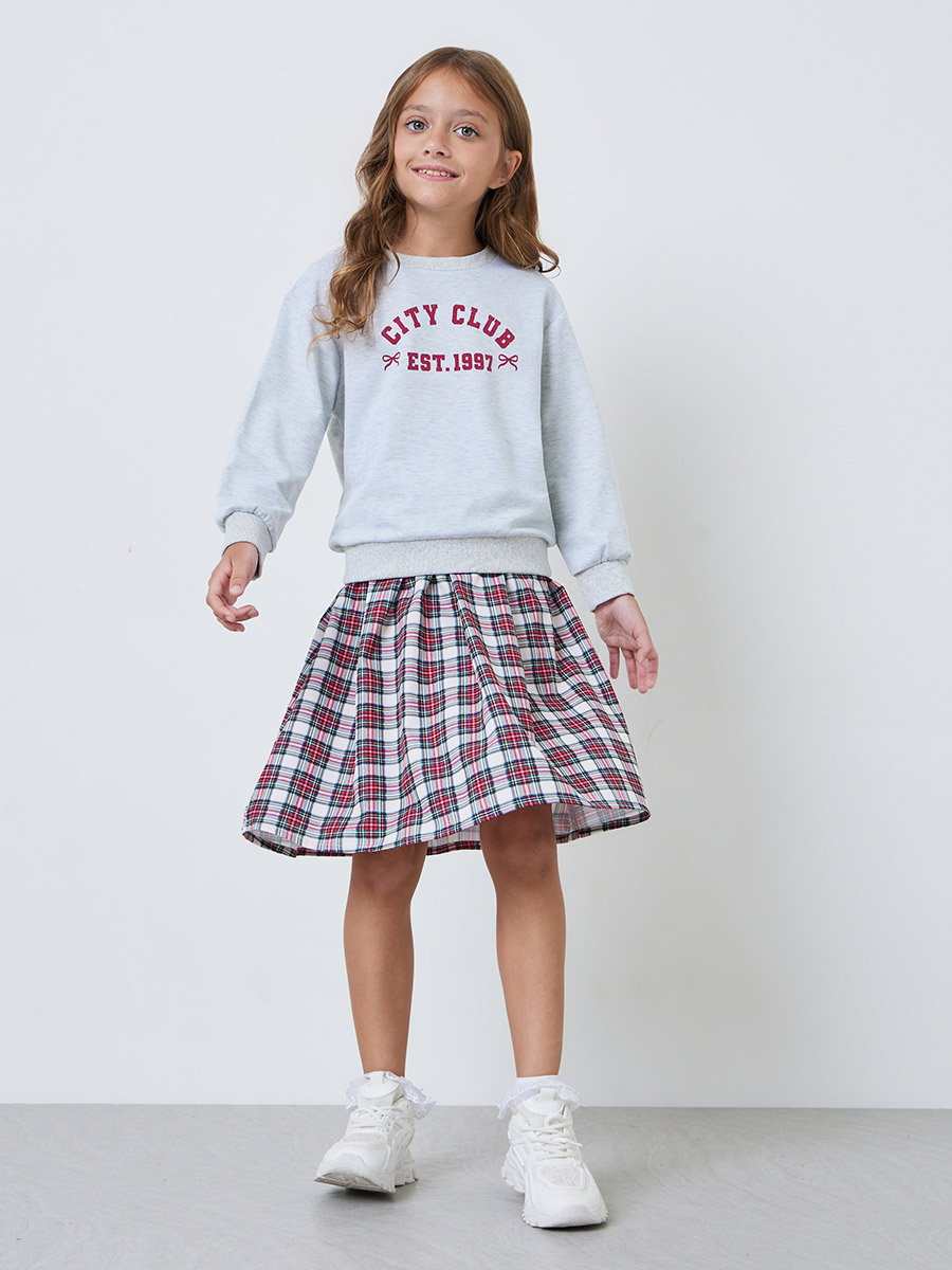 Girls Grey Graphic Sweatshirt and Plaid Skirt Set