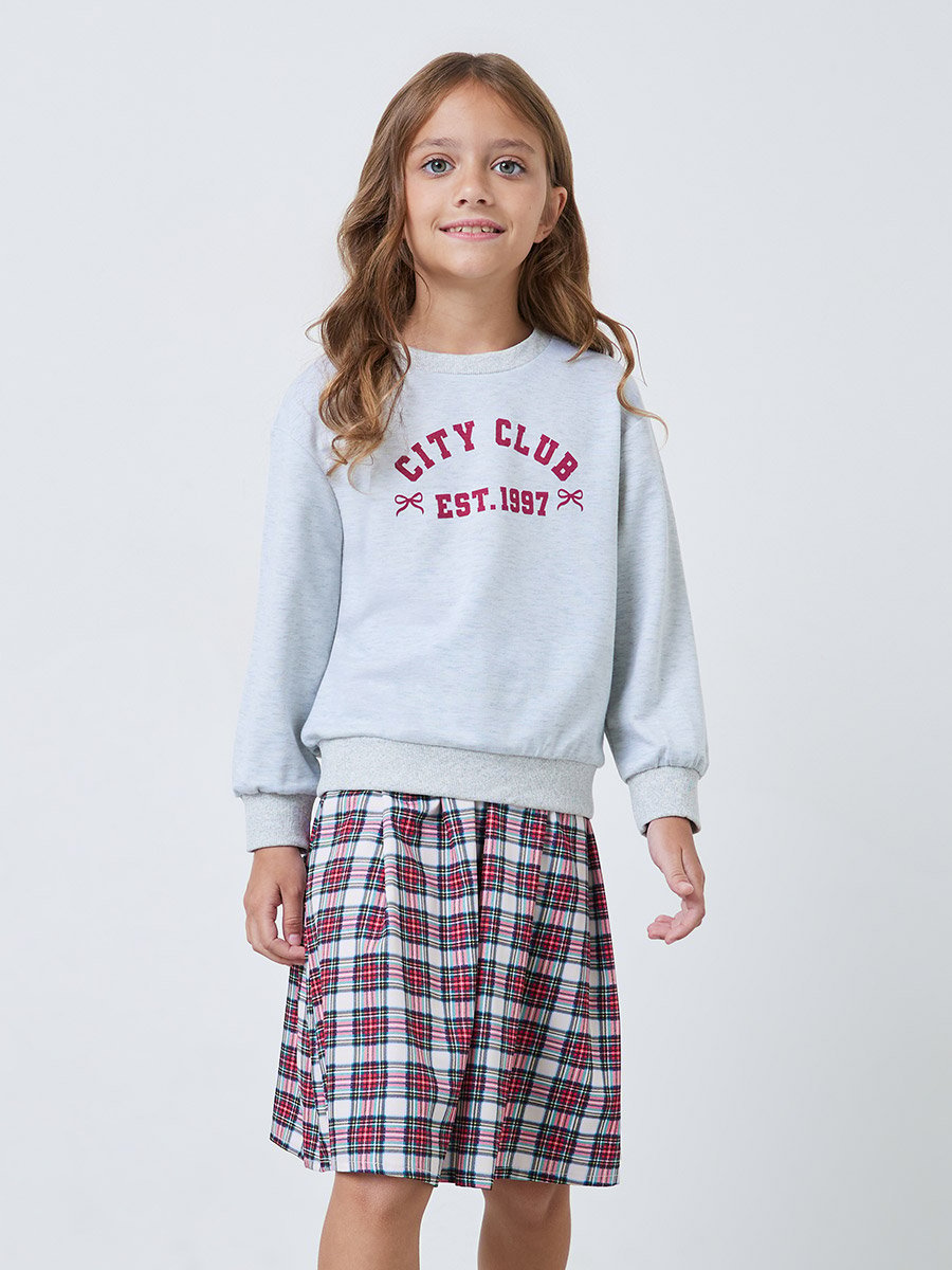 Girls Grey Graphic Sweatshirt and Plaid Skirt Set
