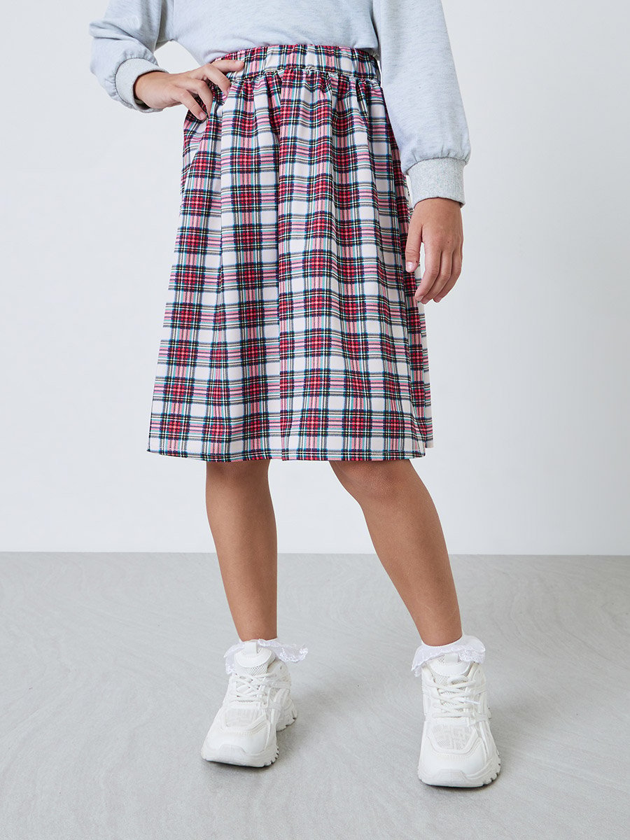 Girls Grey Graphic Sweatshirt and Plaid Skirt Set