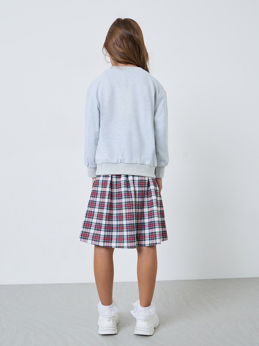 Girls Grey Graphic Sweatshirt and Plaid Skirt Set