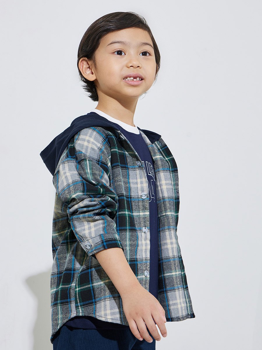 Boys Blue Checked Hooded Jacket with Buttons