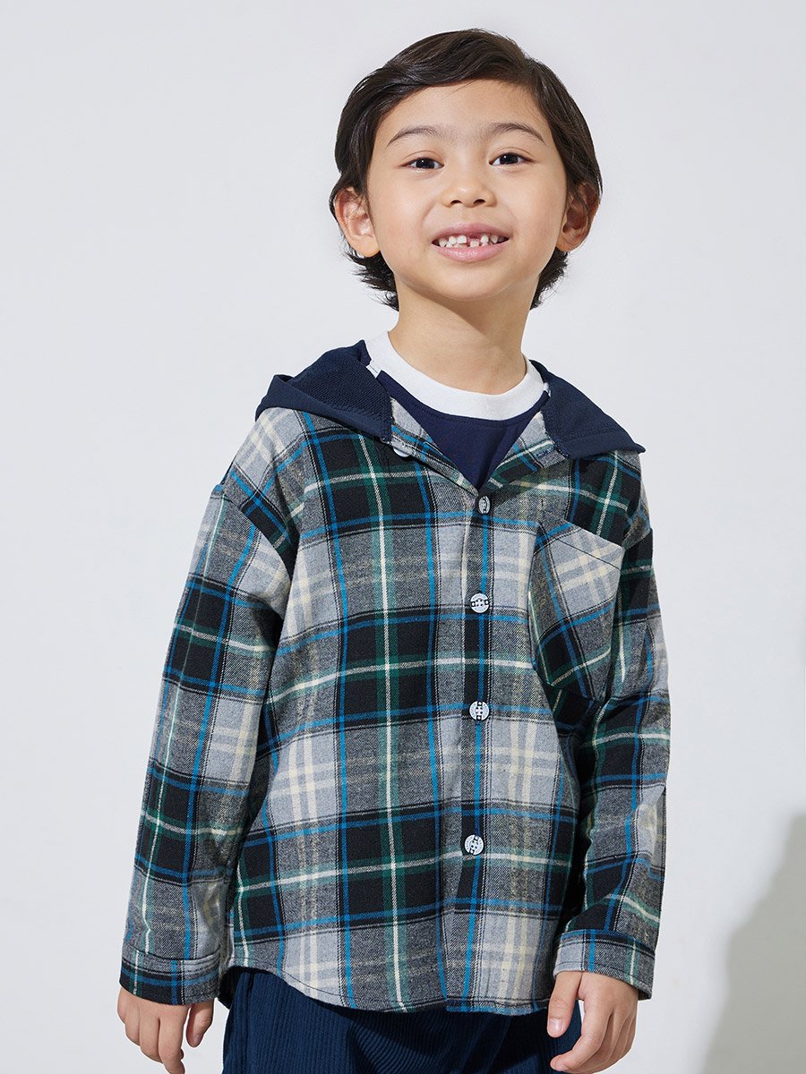 Boys Blue Checked Hooded Jacket with Buttons