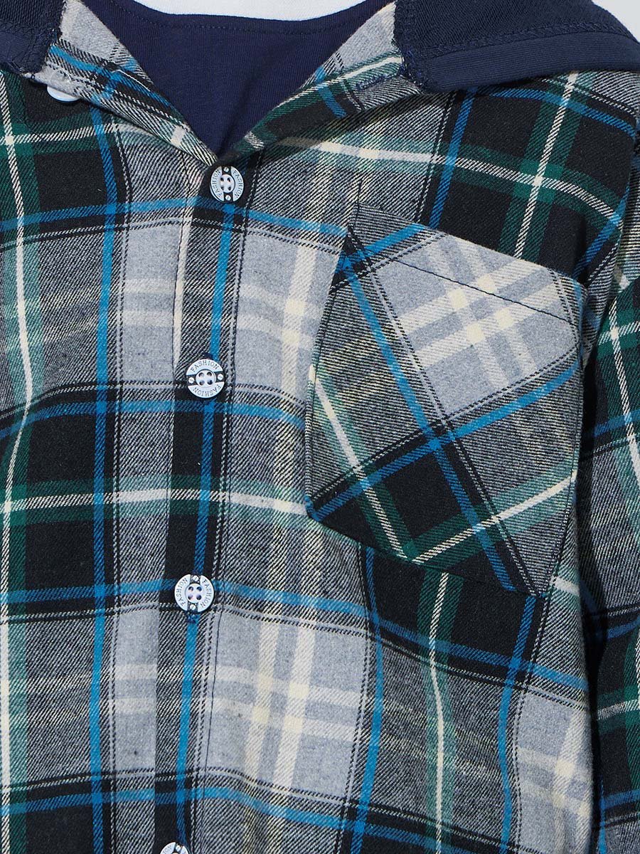 Boys Blue Checked Hooded Jacket with Buttons
