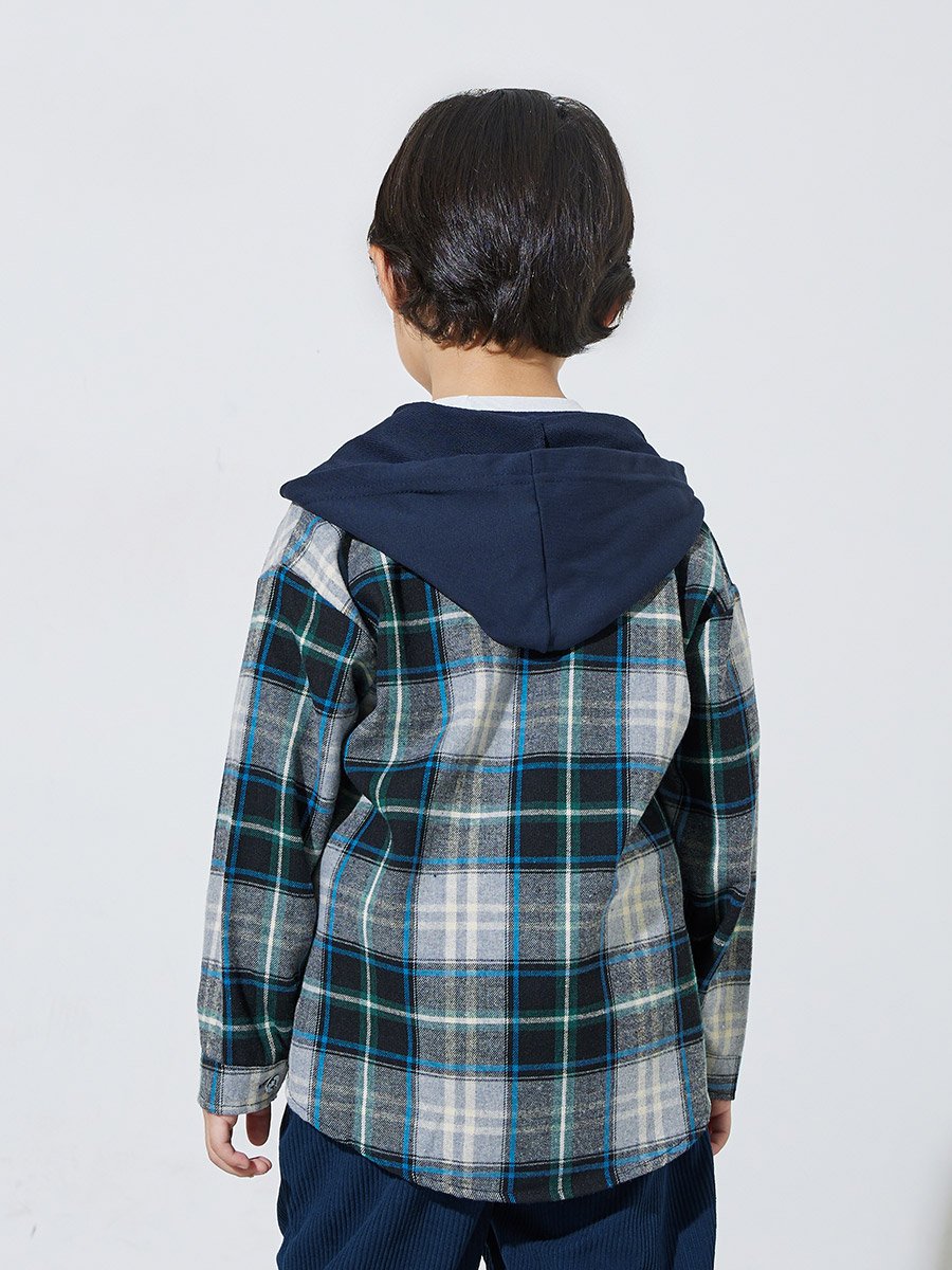 Boys Blue Checked Hooded Jacket with Buttons