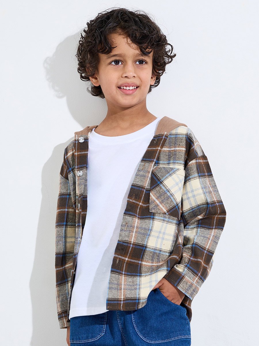 Boys Brown Checked Hooded Jacket with Buttons