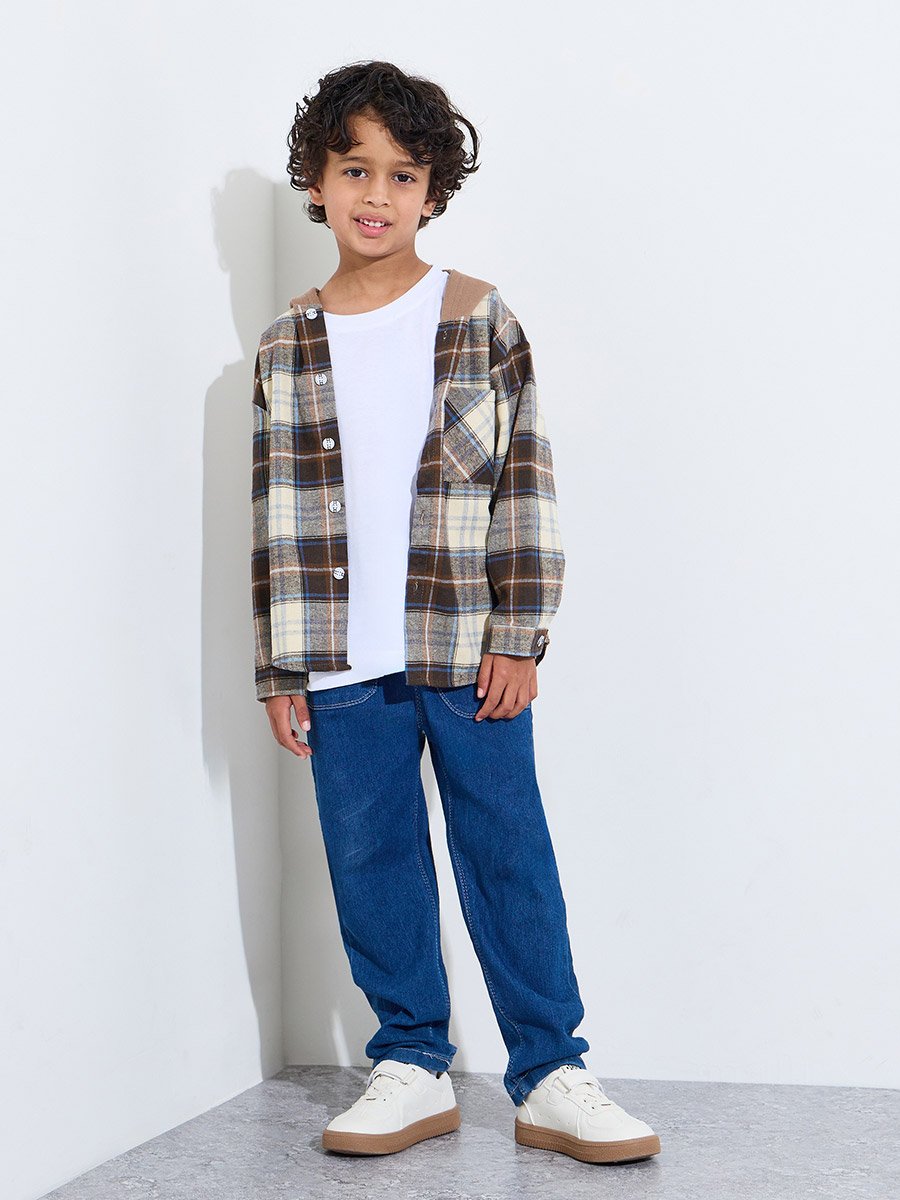 Boys Brown Checked Hooded Jacket with Buttons