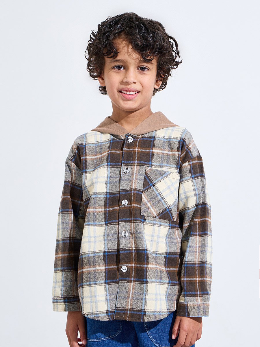 Boys Brown Checked Hooded Jacket with Buttons