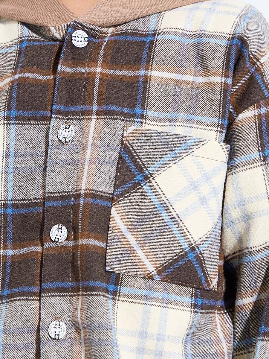 Boys Brown Checked Hooded Jacket with Buttons