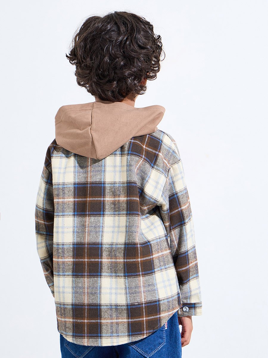 Boys Brown Checked Hooded Jacket with Buttons