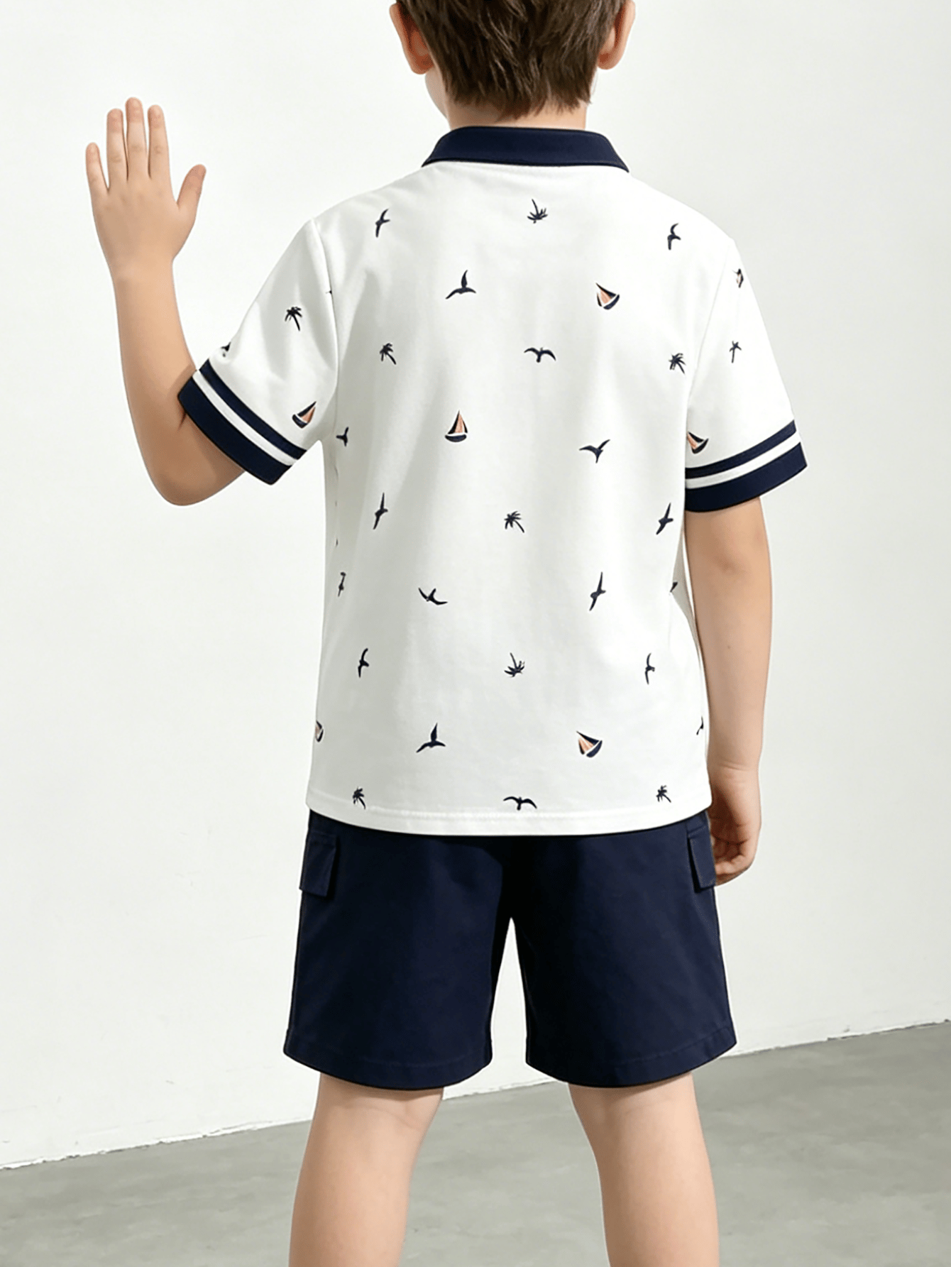 Boys Graphic Print Polo Shirt and Navy Shorts Set