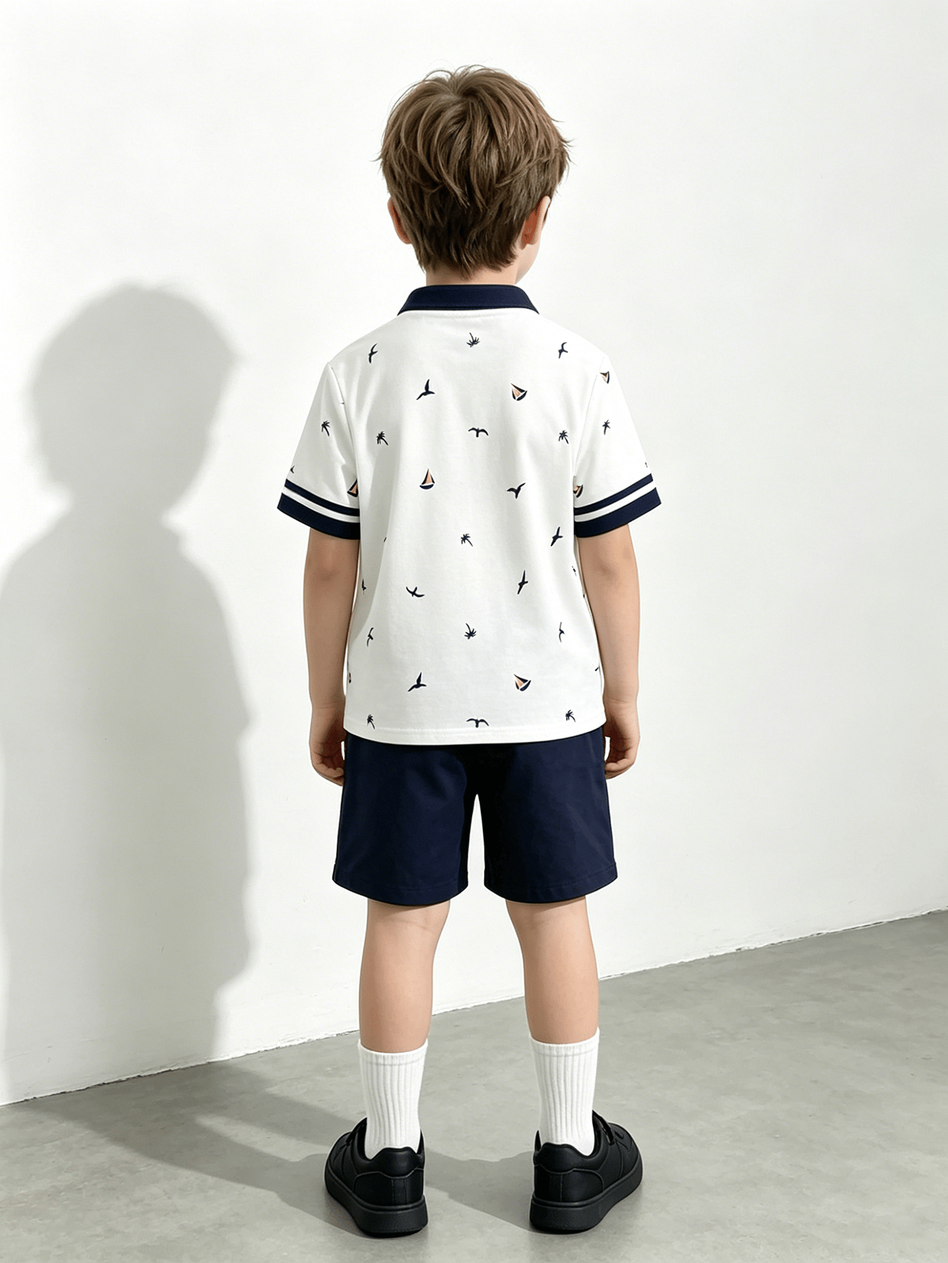 Boys Graphic Print Polo Shirt and Navy Shorts Set