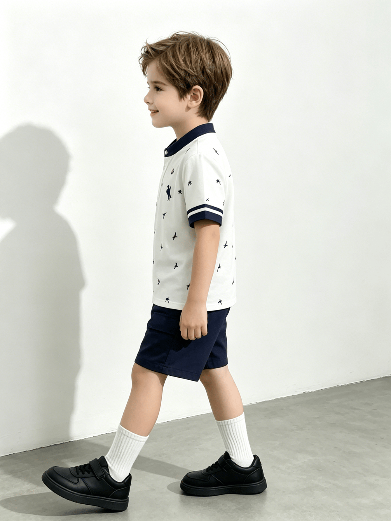 Boys Graphic Print Polo Shirt and Navy Shorts Set
