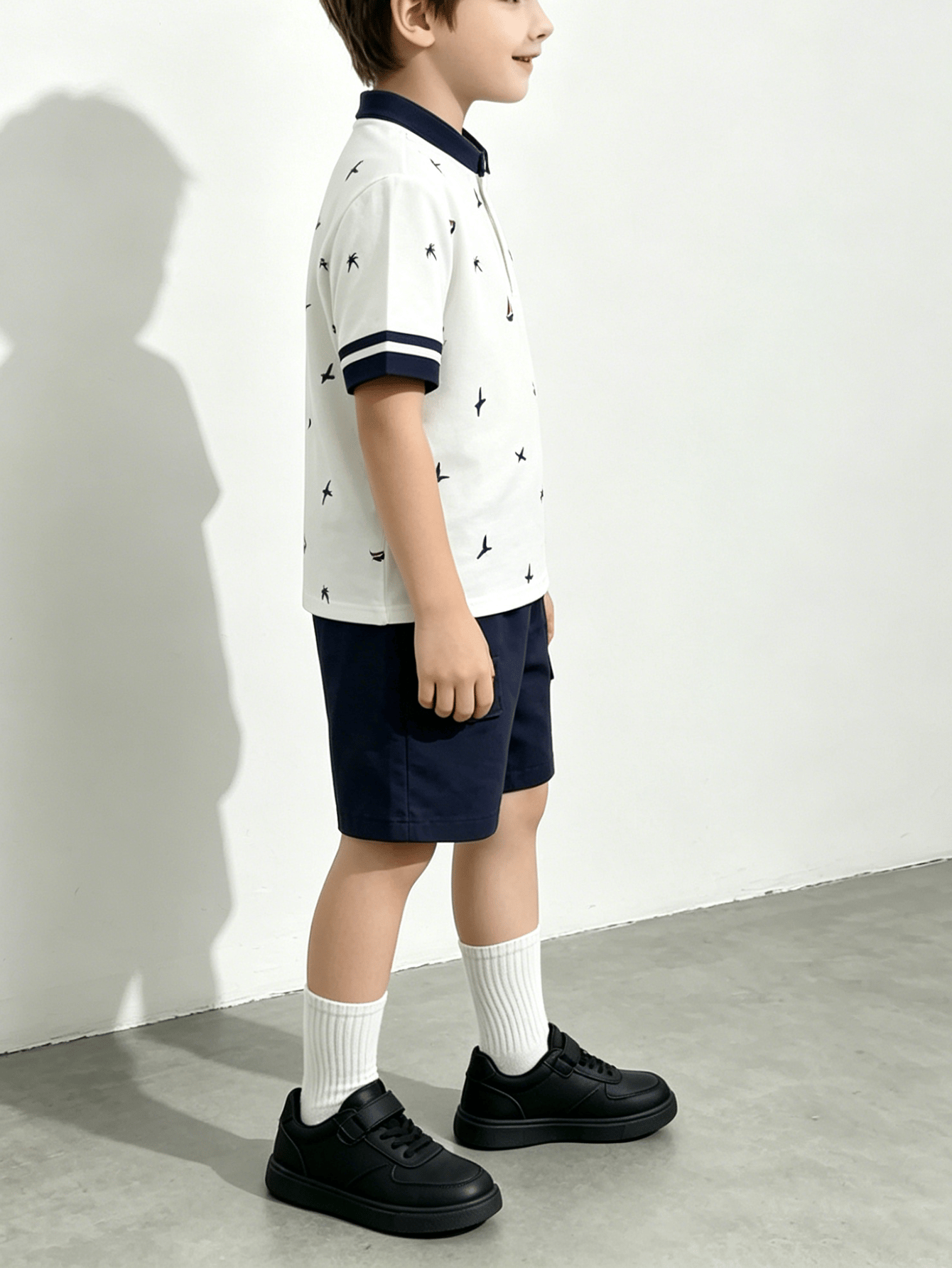 Boys Graphic Print Polo Shirt and Navy Shorts Set