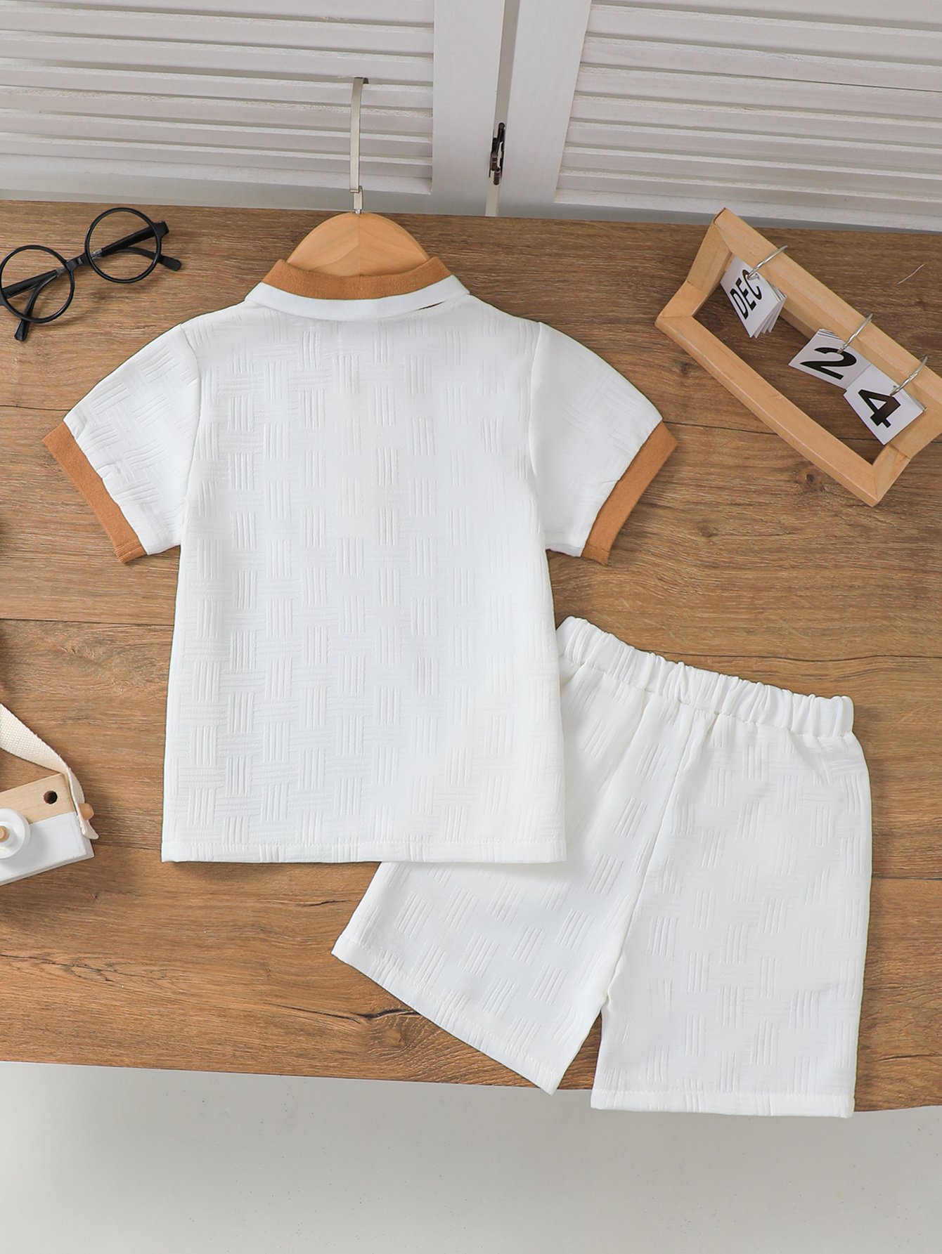 Boys White Textured Regular Fit Polo T-Shirt and Shorts Set