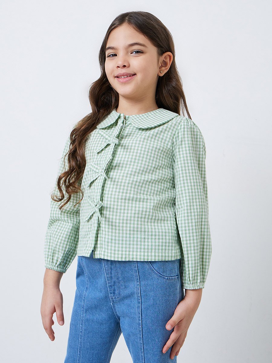 Girls Green Gingham Top with Bow Detail