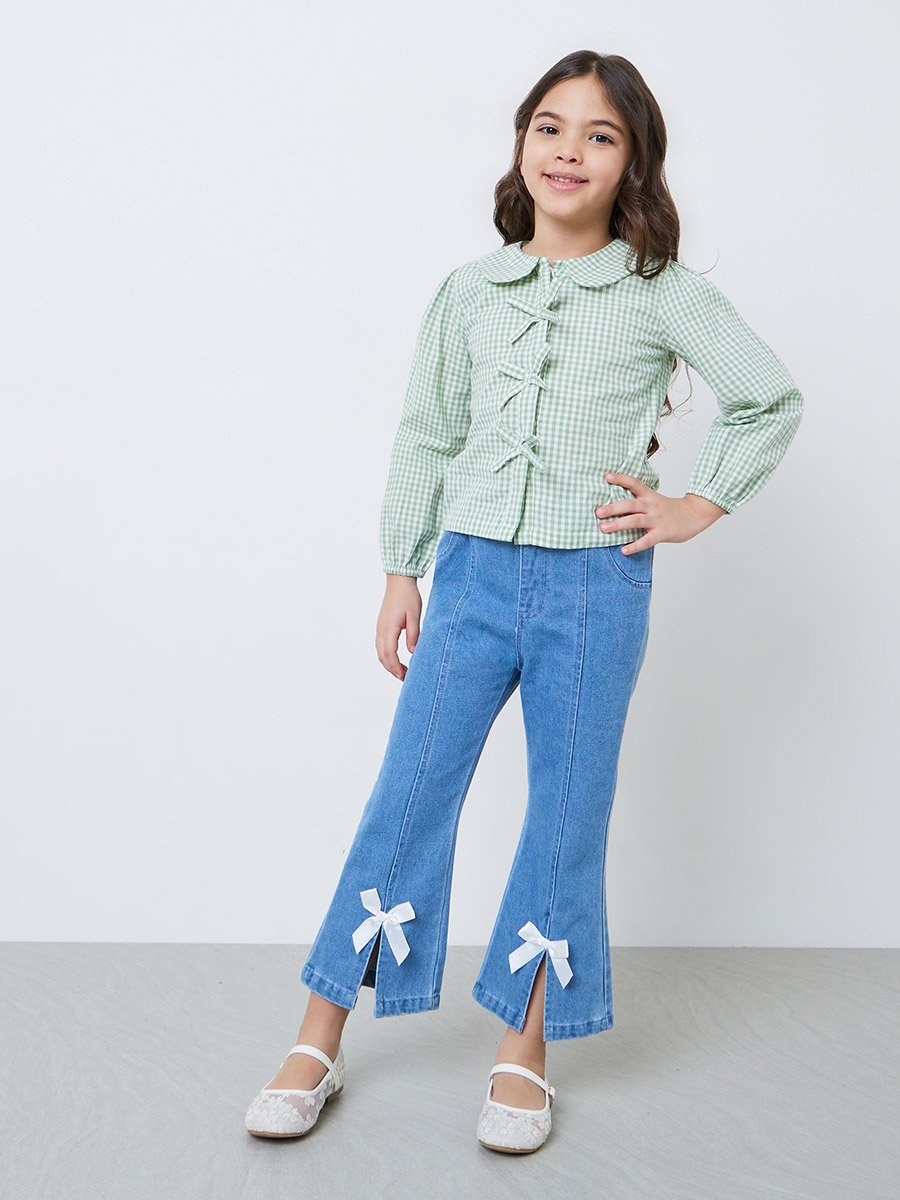 Girls Green Gingham Top with Bow Detail